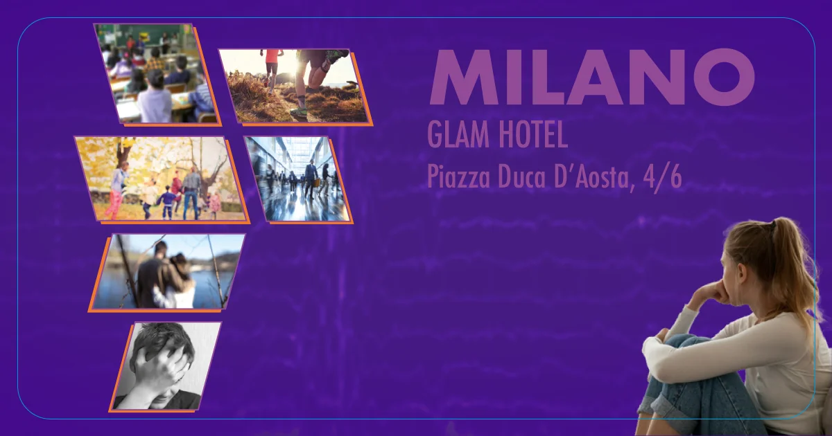 Locandina del Convegno Epilessia Milano 2025 al Glam Hotel con una ragazza di profilo che guarda immagini di vita quotidiana