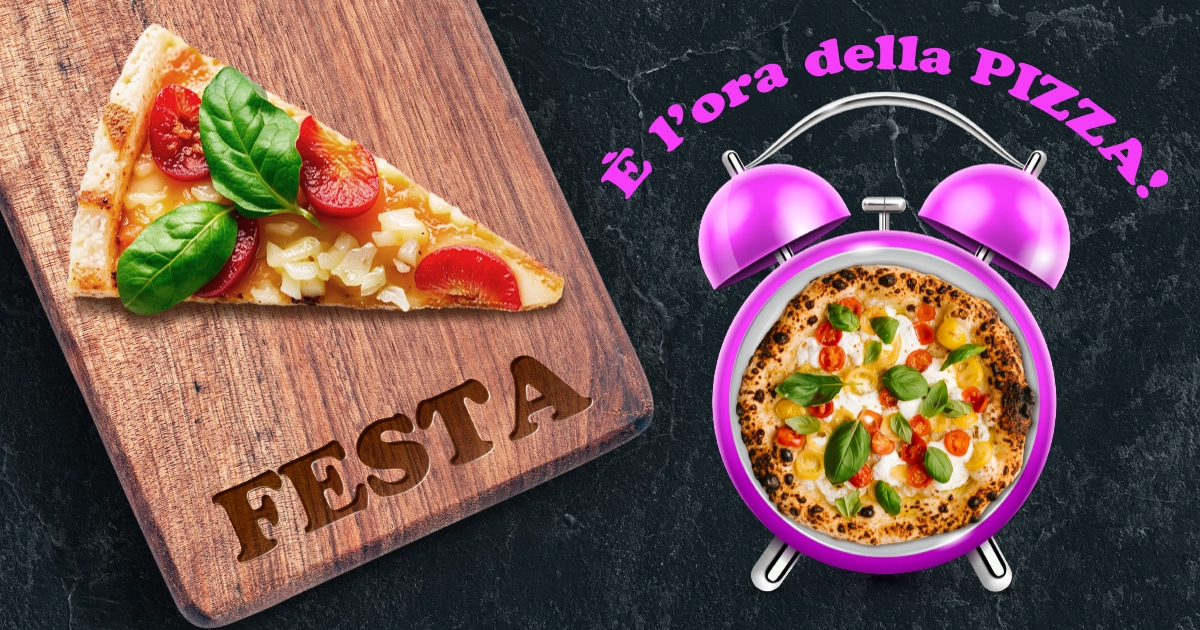 Immagine ELO Epilessia per pizzata di inizio attività 2025: tagliere con fetta di pizza, sveglia con pizza al centro e scritta "È l'ora della pizza!" su sfondo pietra scura