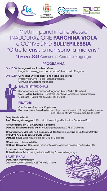Locandina dell'evento "Metti in panchina l'epilessia" e convegno "Oltre la crisi, io non sono la mia crisi" – Cassano Magnago, 15 marzo 2026