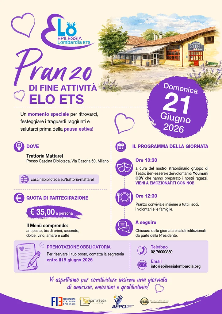 Locandina del pranzo di fine attività ELO Epilessia Lombardia ETS del 21 giugno 2026 con programma, quota di partecipazione e contatti per la prenotazione