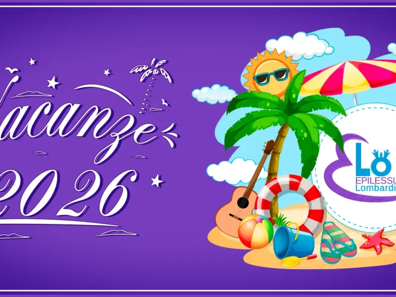 Vacanze estive ELO 2026 – grafica con scritta Vacanze 2026, palma, ombrellone e logo ELO Epilessia Lombardia ETS