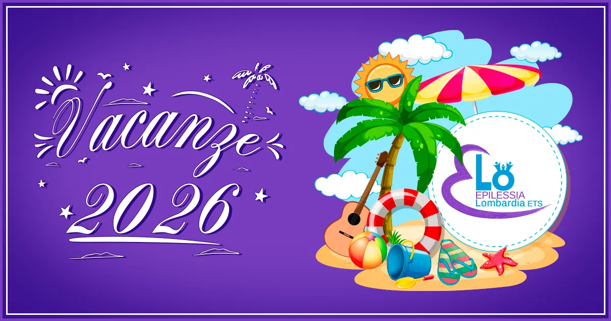 Vacanze estive ELO 2026 – grafica con scritta Vacanze 2026, palma, ombrellone e logo ELO Epilessia Lombardia ETS