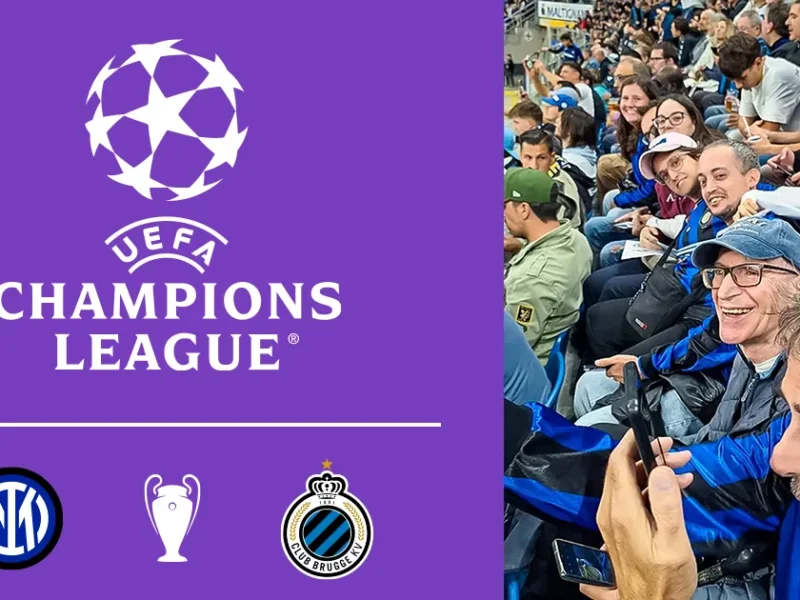 Logo UEFA Champions League con gli stemmi di Inter e Club Brugge e i ragazzi di ELO in tribuna a San Siro