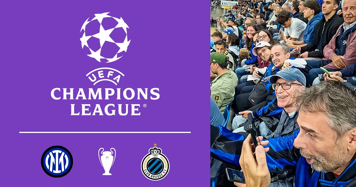 Logo UEFA Champions League con gli stemmi di Inter e Club Brugge e i ragazzi di ELO in tribuna a San Siro