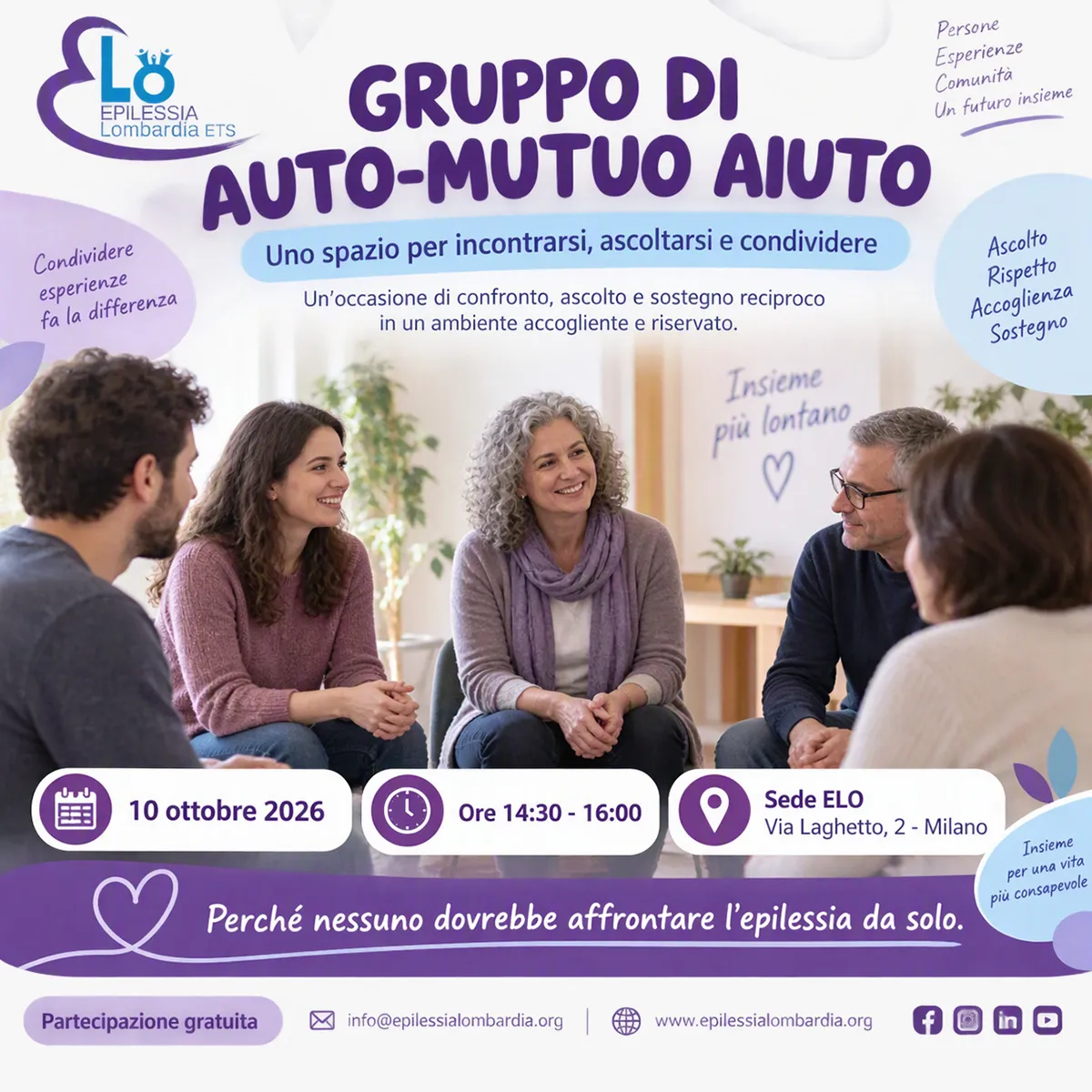 Locandina ELO del gruppo di auto-mutuo aiuto per adulti con epilessia: 10 ottobre 2026, ore 14:30-16:00, sede ELO di Via Laghetto 2, Milano